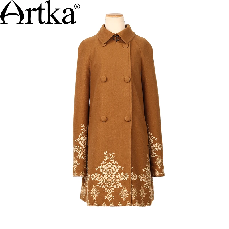 ARTKA, женское осеннее пальто, двубортная ветровка, теплая шерстяная куртка, Женское пальто большого размера, жаккардовое, а-силуэт, верхняя одежда FA10653Q