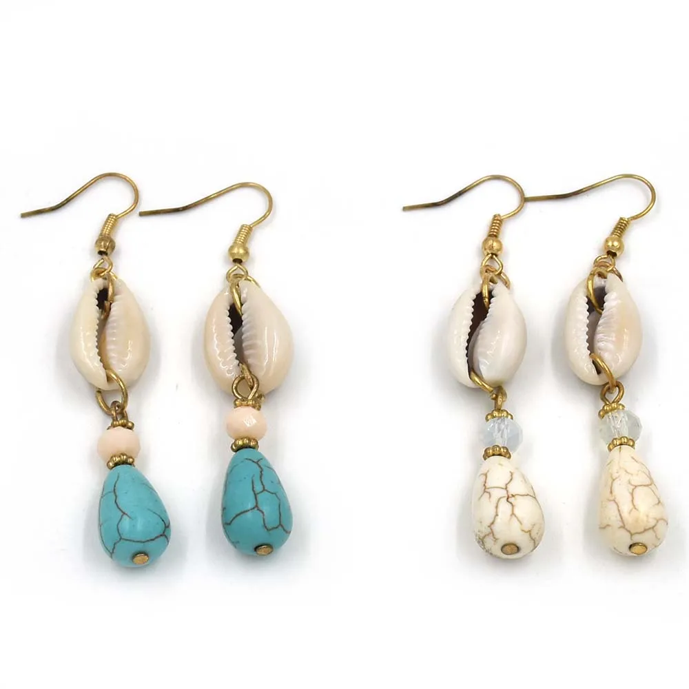 2017 new handmade ethnic dangle earrings with stone charms summer sea beach bohemian cowrie shell charm drop earrings