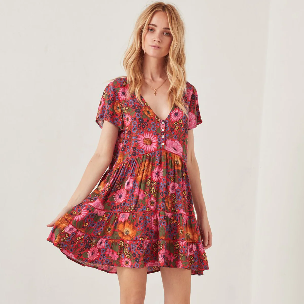 

Desert Daisy Baby Doll Dress Women 2019 Summer V neck Short Sleeve Bohemian Dress Lady Floral Print Boho Beach Hippie Mini Dress