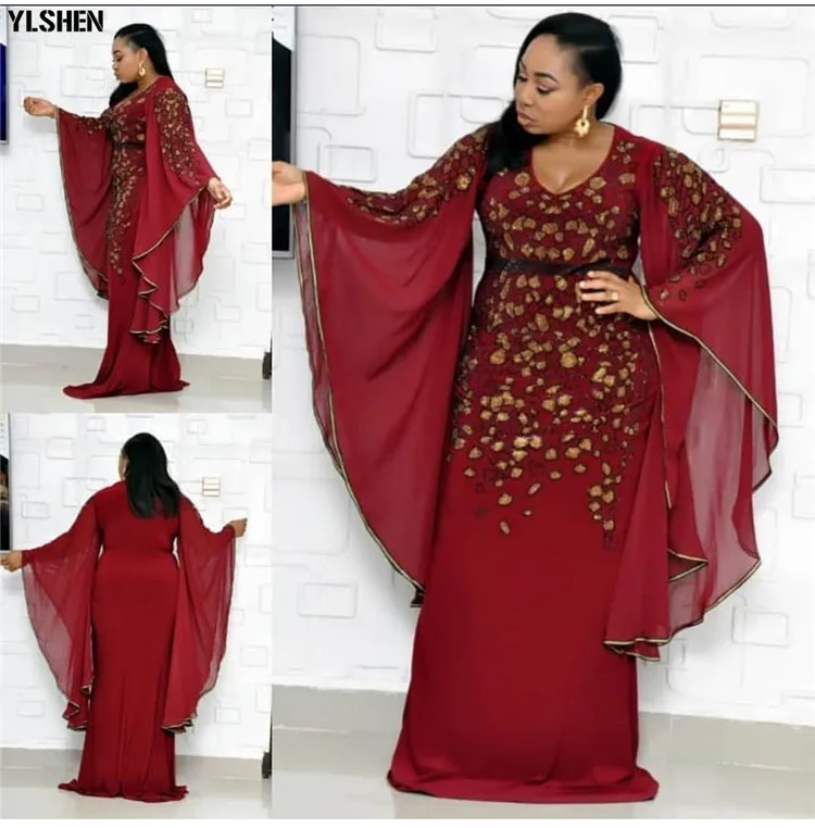 African Dresses for Women New Dashiki African Clothes Bazin Riche Sexy Slim Big Sleeve Sequins Embroidery Long Africa Dress