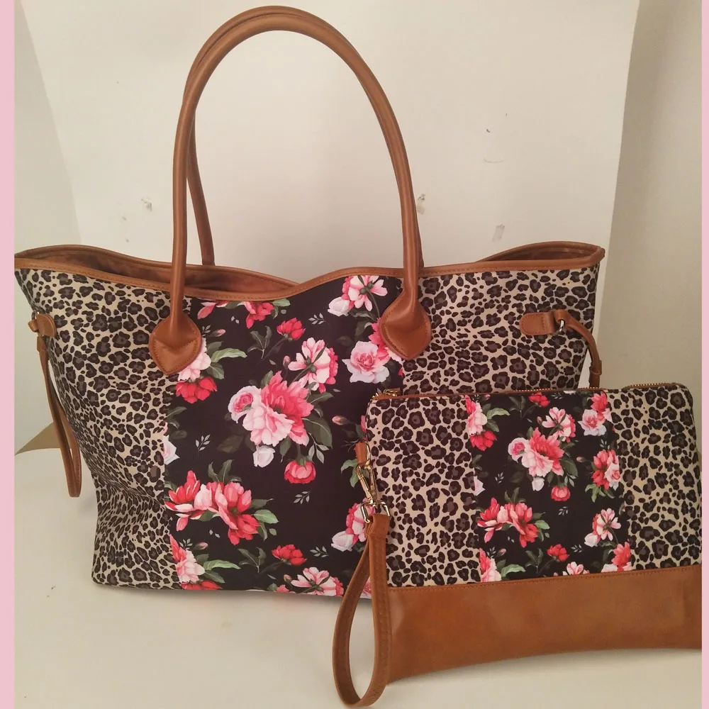 

Leopard With Floral Design Tote With Cord Trims, Wholesale Canvas Cheetah Trims Tote, Women Tote with Leather Bottom DOM10101185