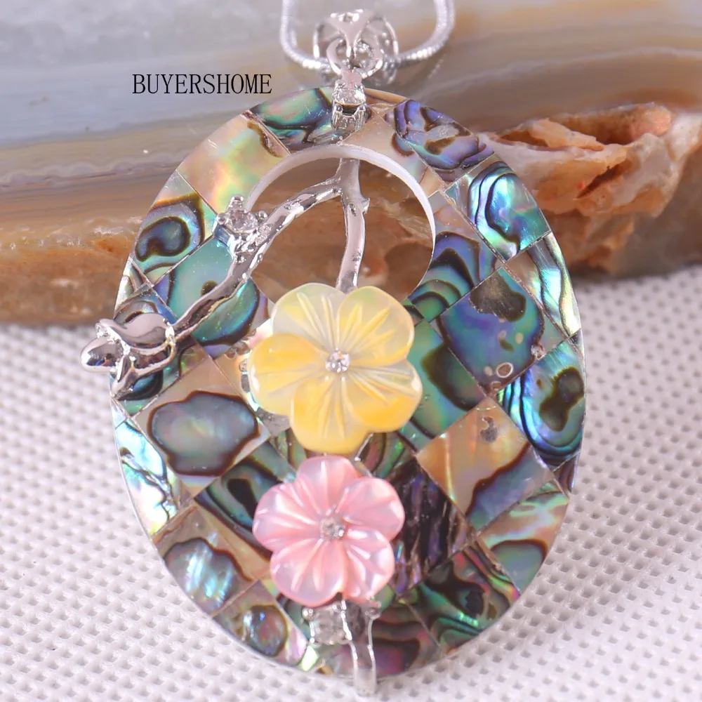 

Silver Color Jewelry Gift For Women Oval Bead with Flower Natural Blue New Zealand Abalone Shell Pendant Necklace RK103