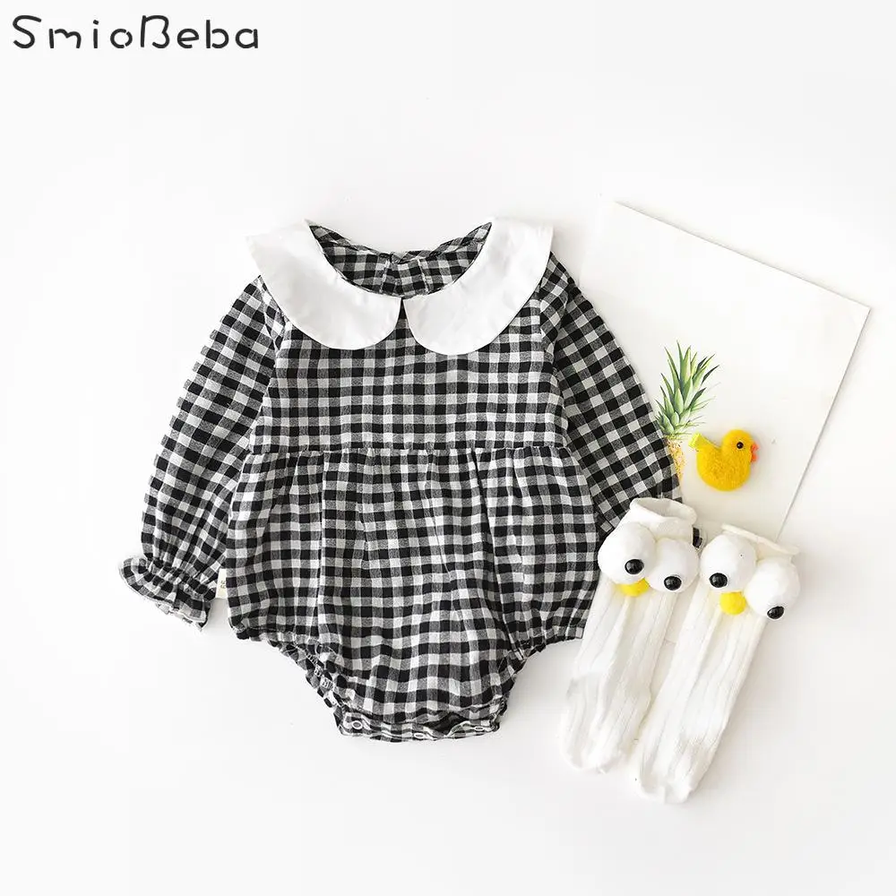 

Newborn 0-3 Year Girl Plaid Romper Baby Cotton Doll Collar Institute Style Kids Girl Baby Lotus Leaf Sleeve Wrapped Shirt Romper
