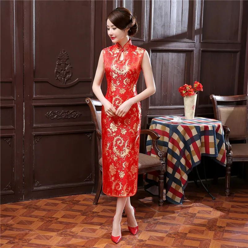 Летнее Новое красное китайское женское длинное платье традиционное атласное Cheongsam Qipao сексуальное платье без рукавов с капельками Размеры