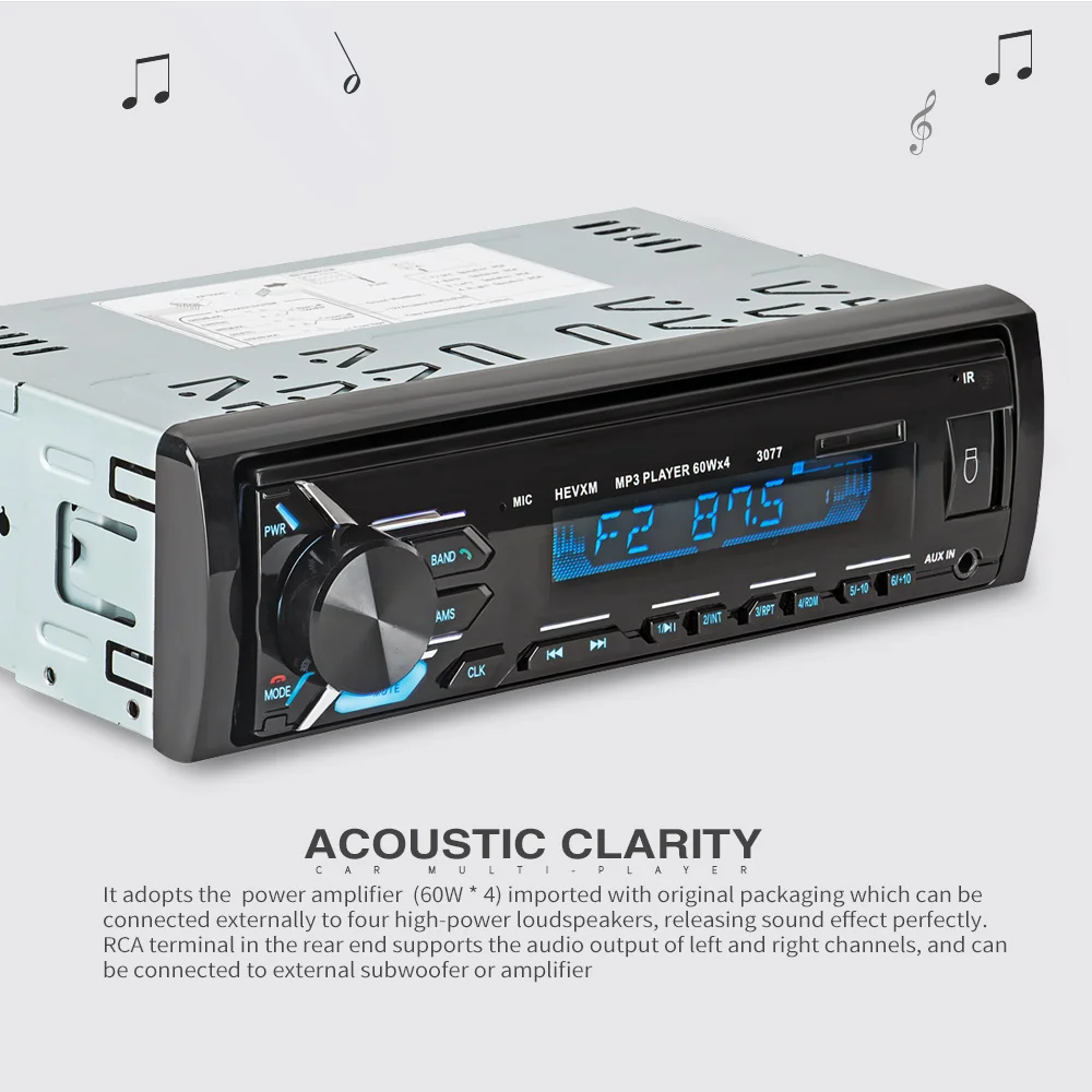HEVXM 3077 Bluetooth Radio 12V Aux Input Stereo Audio In-dash 1 Din FM USB Remote Control Receiver Car Audio Auto MP3 Player