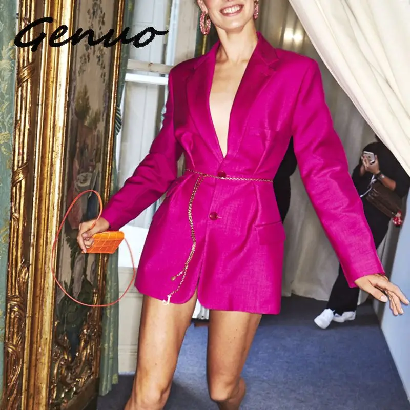 Genuo New 2019 Women Summer Ol Solid Blazer Lapel Collar Long Sleeve Button Tunic Coat Female 2019 Fashion Clothes