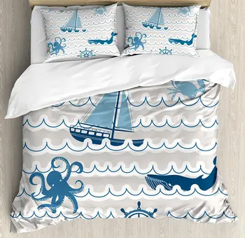 

Nautical Duvet Cover Set Wave Pattern with Nautical Elements Icons Octopus Crab Starfish Whale Art 4 Piece Bedding Set
