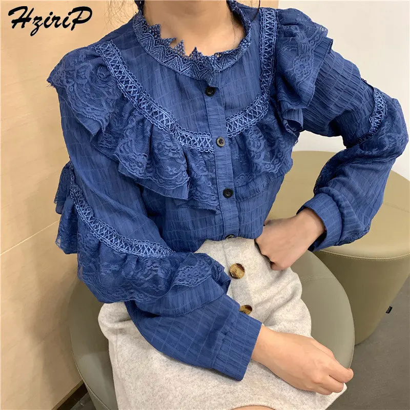  Hzirip 2019 Spring Summer Single Breasted Ruffles Fashion Long Sleeve Blouse O-Neck Lace Shirt Tops