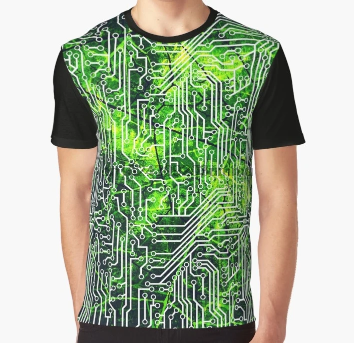 

All Over Print Women Men Funny tshirt Cyborg Assimilation Black Green and White Circuit Board Grunge Pattern Graphic