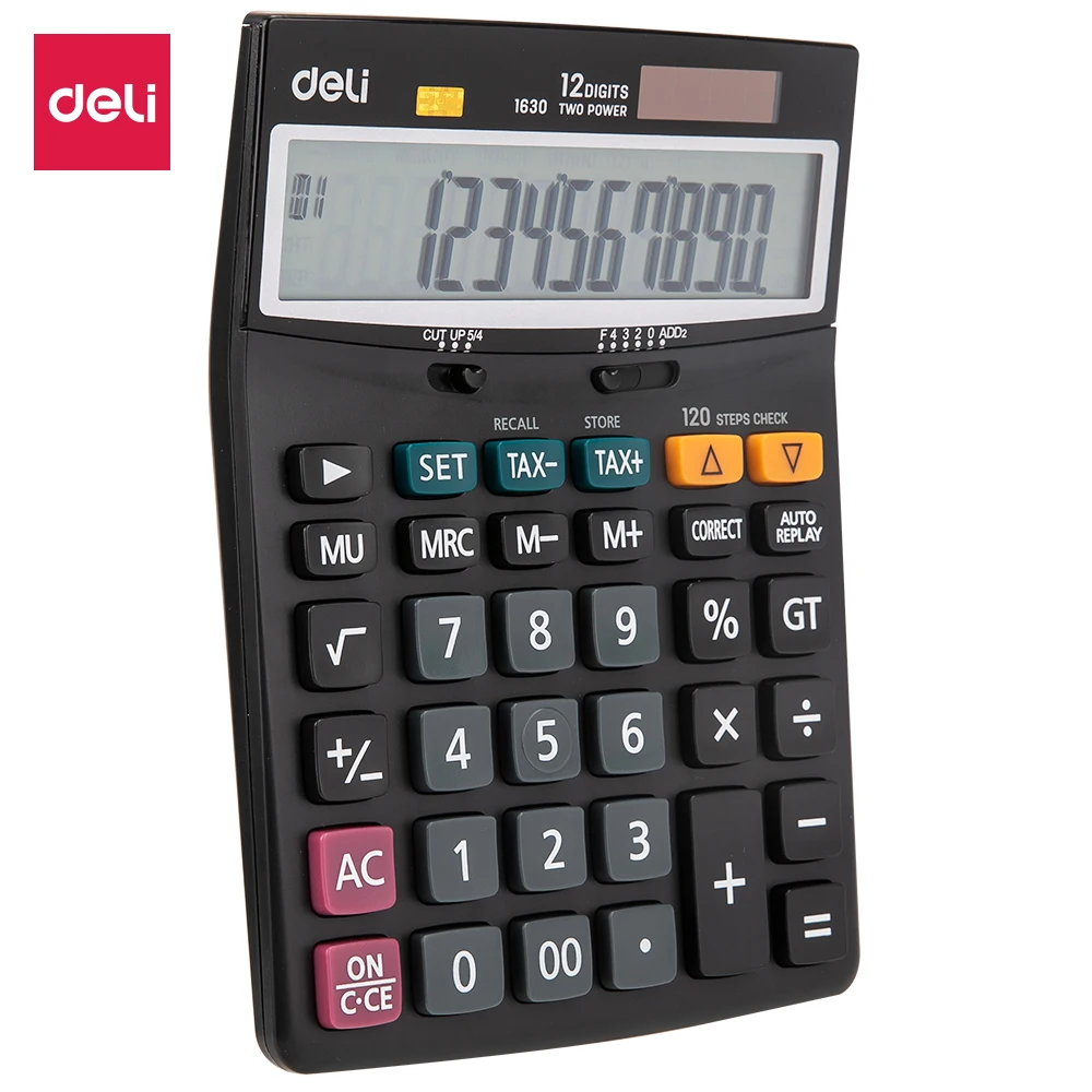 

Deli E1630 Calculator - 120-check Tax Calculator 12-digit - Battery & Solar Dual power