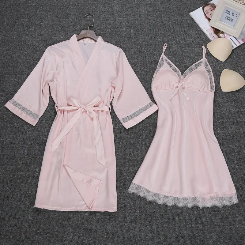 

Sexy Women's Robe & Gown Sets Twinest Bathrobe Night Dress Two Pieces Sleepwear Womens Sleep Set Faux Silk Home Ware Nightware