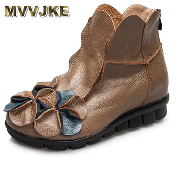 

MVVJKE Autumn Winter Flat Ankle Boots For Women Keep Warm Snow Boots Handmade Soft Genuine Leather Short Boots Plus Size 35-42