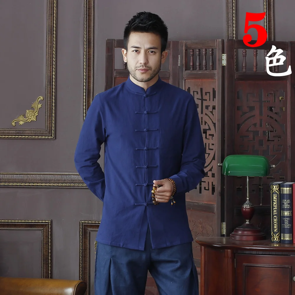 Chinese collar blue shirt Clearance