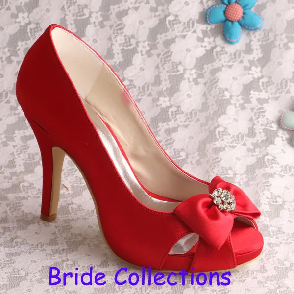 

New Hot Women Red Wedding Shoes Heels Peep Toes with Bows Size 34~42
