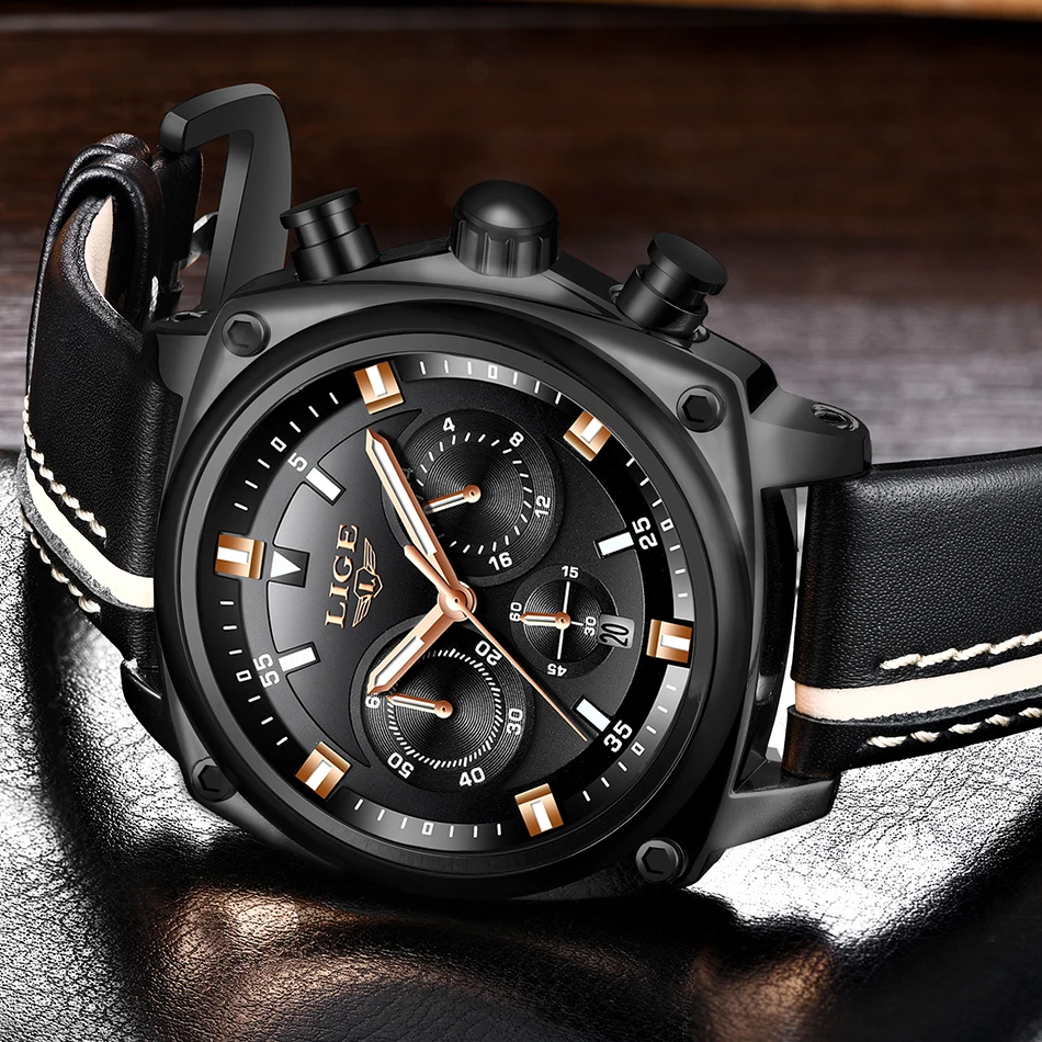 

2019LIGE New Fashion Mens Watches Top Brand Luxury Big Dial Military Quartz Watch Leather Waterproof Sport Chronograph Watch Men