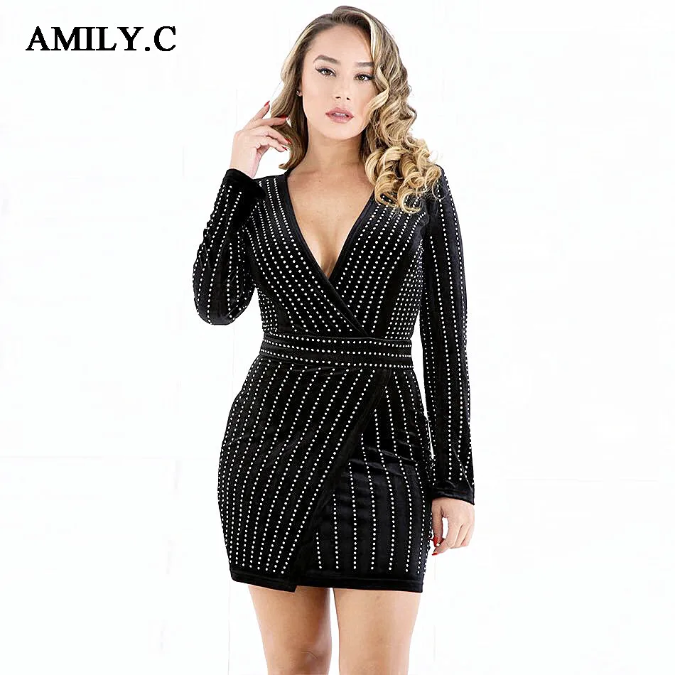 Amily. c Новое весеннее женское сексуальное обтягивающее платье с v-образным вырезом, платье с бисером Элегантные Вечерние черные платья знаменитостей оптом Vestidos