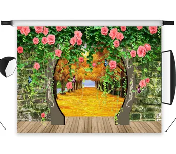 

7x5FT Retro Round arch Rose wall Autumn Forest Path Seamless Washable No Folds Polyester Backdrop Background Photography Studio