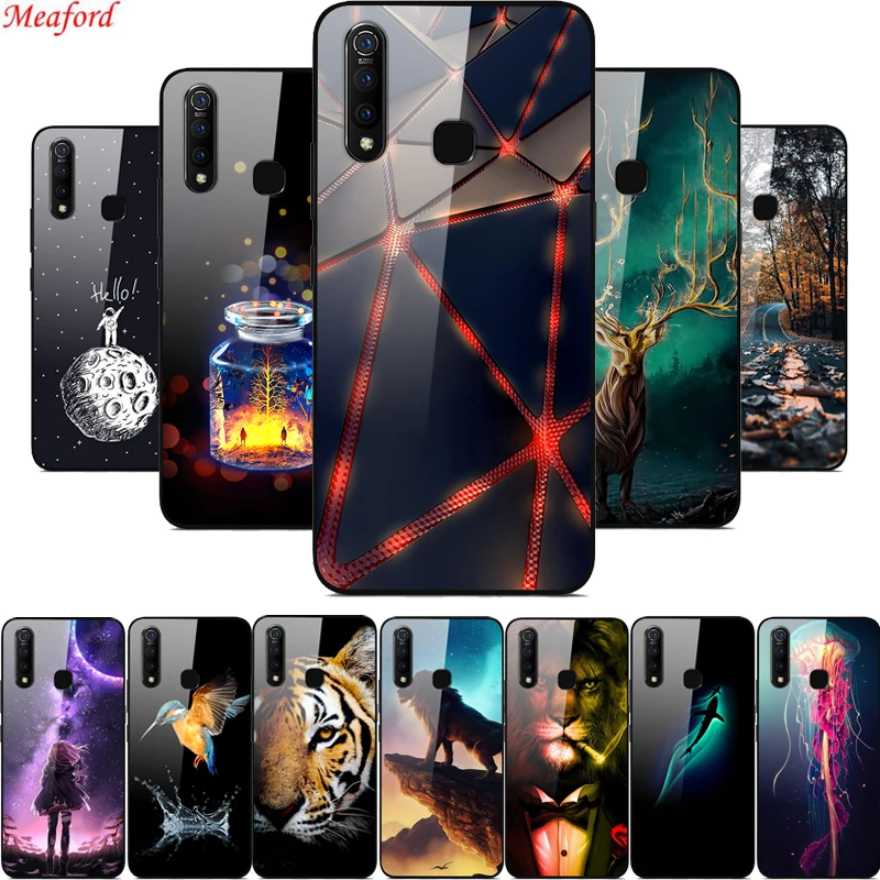 

For Vivo Z5x Case 6.53" Tempered Glass Hard Back Cover Phone Case For Vivo Z5x Case VivoZ5x V1911A Case TPU Bumper Cool Print