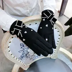 2018 зимние Для женщин сенсорные перчатки кашемир бантом со стразами варежки теплые модные Корейская версия женский Guante AGL224