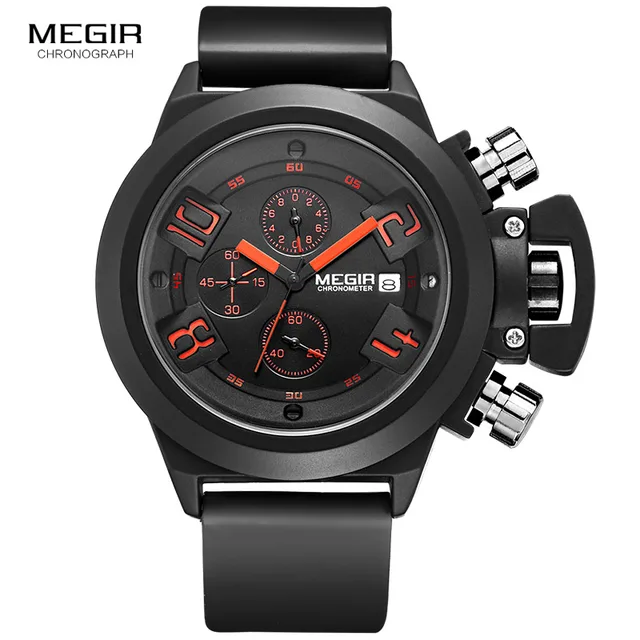 Megir Fashion Mens Silicone Band Sport Quartz Wrist Watches Analog Display Chronograph Black Watch for Man with Calendar 2002 2