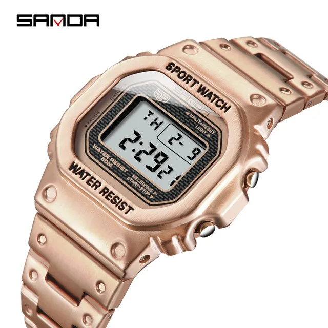 SANDA мужские часы Топ бренд класса люкс светодиодный цифровые часы мужские модные водонепроницаемые спортивные часы мужские часы Relogio Masculino - Цвет: Rose gold