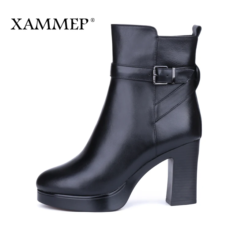 Xammep/Брендовая женская зимняя обувь; натуральная кожа; натуральная шерсть; зимние ботинки высокого качества; ботильоны большого размера плюс на высоком каблуке