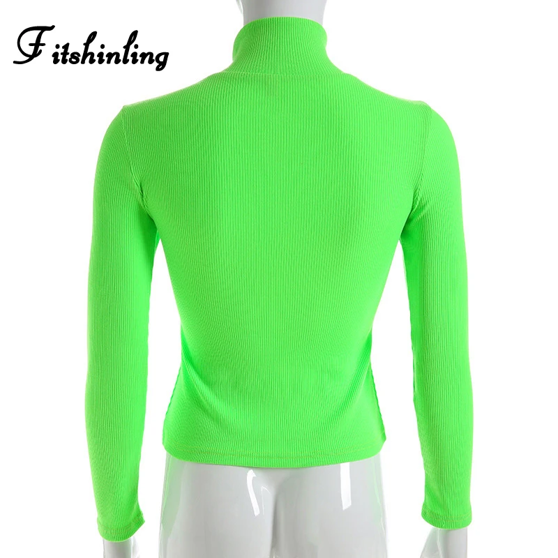 Fitshinling Fashion hot fluorescence t-shirts women tops neon long sleeve slim turtlenecks female t-shirt solid t shirt