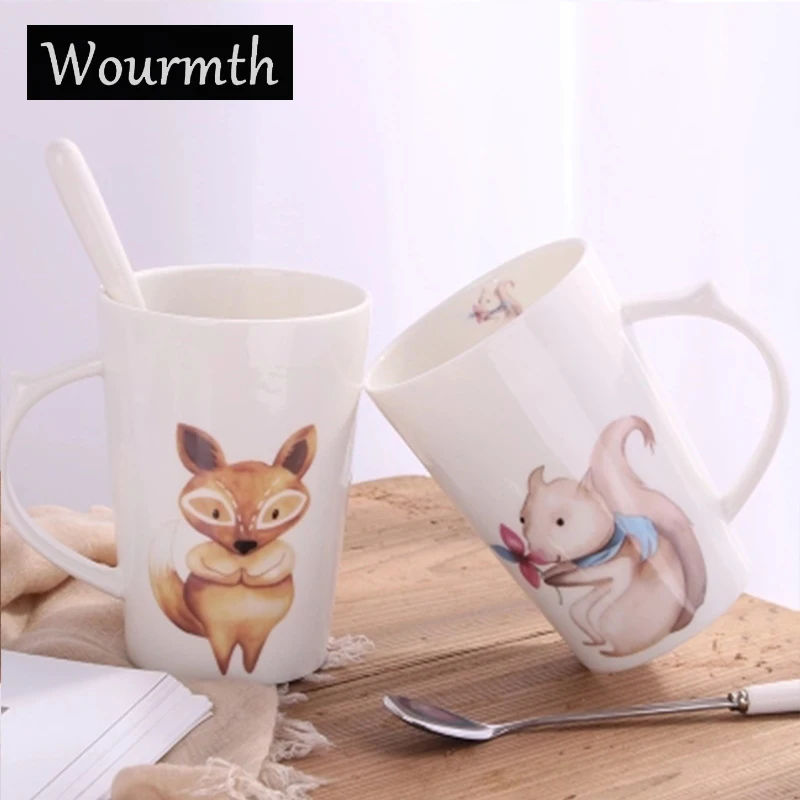WOURMTH 1 шт. кружки с животными Высокое качество керамическая чашка кофейная чашка костяного фарфора офисная Питьевая чашка с крышкой 420 мл мультяшная чашка