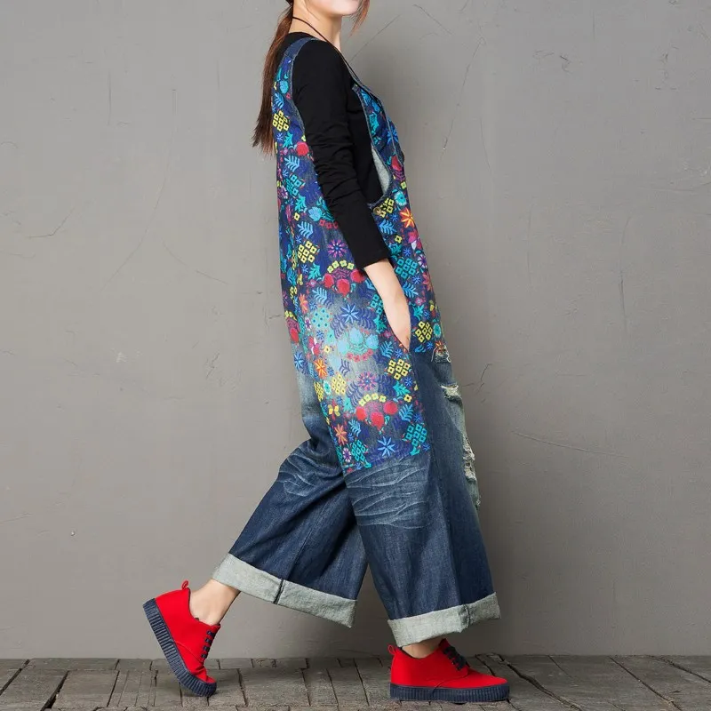 

Oversize Wide Leg Denim Rompers Loose Women Vintage Printed Flower Jean Jumpsuits Large Size Straps Denim Overalls