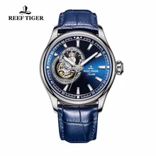 Reef Tiger/RT повседневные часы для мужчин, ремешок из натуральной кожи, синий циферблат, часы Tourbillon, Кварцевые аналоговые наручные часы RGA1639