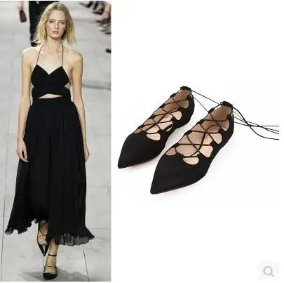 black pointed lace up flats