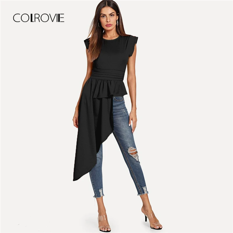 

COLROVIE Black Workwear Asymmetrical Hem Keyhole Back Women Blouse Shirt 2018 New Autumn Solid Cap Sleeve Sexy Blouse And Tops