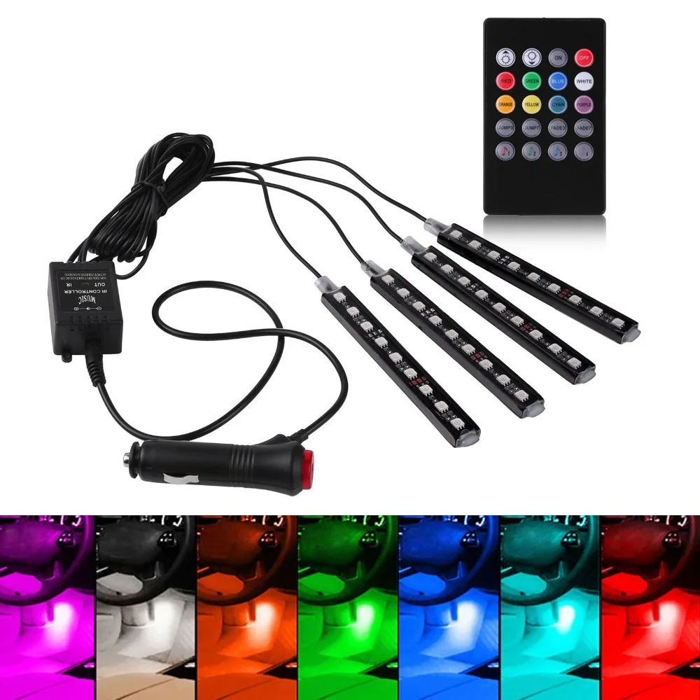 

4Pcs Voice Controller Car Interior RGB LED Strip Light Atmosphere Lamp Foot Decorative Light Lamp With 24 Key Remote Controller