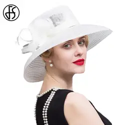 FS Для женщин белый цветочный летний Большой широкими полями Лен Кентукки шляпа котелок для женские церковные шляпы шляпка Mariage дама