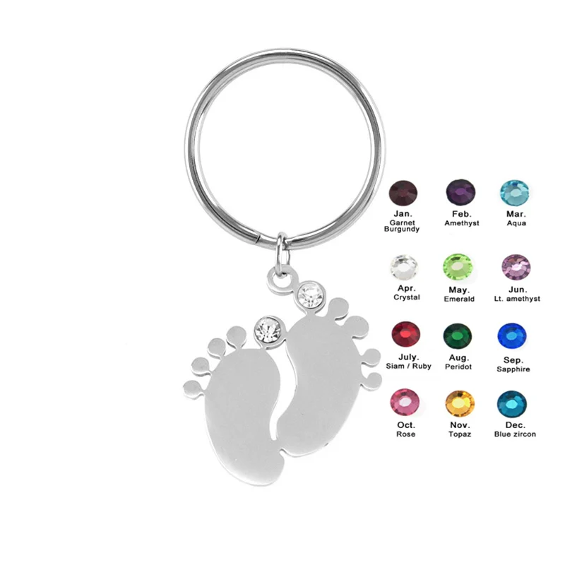 

100% Stainless Steel Key Chain Baby Foot Charm With Rhinestone Toe Key Ring Personalize Mirror Polished Wholesale 10pcs
