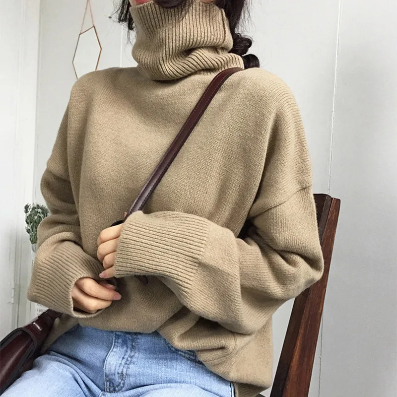

Women's Turtleneck Knitted Solid Sweater Vintage Long Batwing Sleeve Warm Woman Pullover Sweaters 2019 Spring Winter Jumper