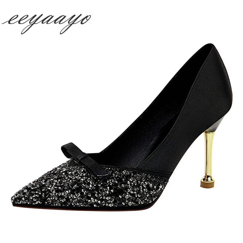

2019 New Spring/Autumn Women Pumps High Thin Heel Pointed Toe Shallow Butterfly-Knot Elegant Bling Women Shoes Black High Heels