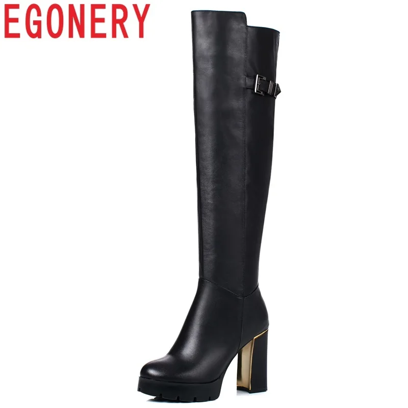 

EGONERY Brand fashion genuine leather sexy girl black high long boots Autumn plush winter 9cm super high hoof heels woman shoes