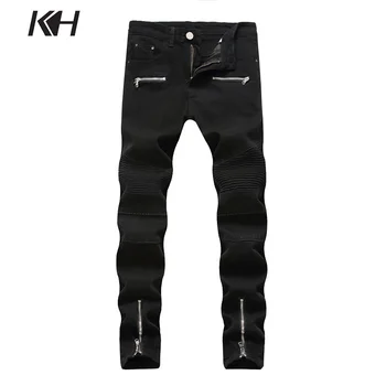 

KH New Fashion Men's Jeans Zipper Decoration Motorcycle Biker Denim Pants Men Slim Fit Washed Straight Skinny Trousers 3 Colors