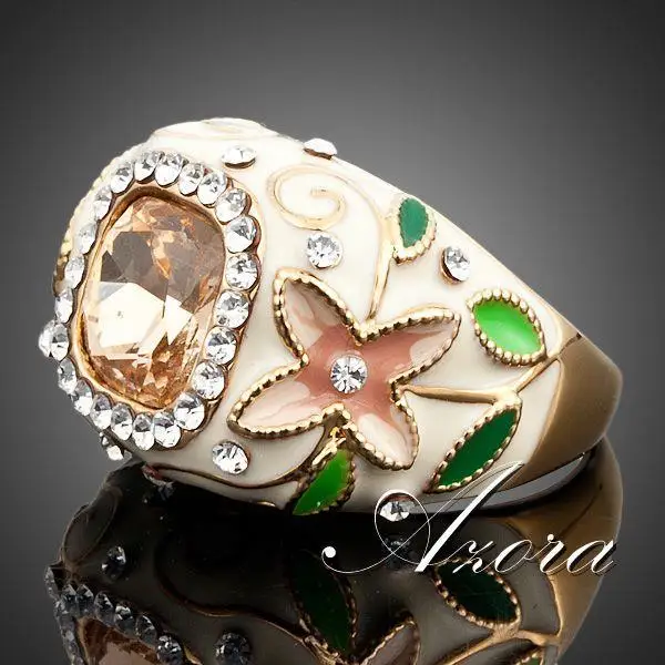 Azora, золотые кольца Stellux с австрийскими кристаллами и зелеными листьями TR0004