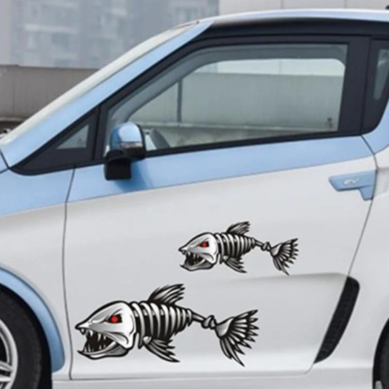 

2 Pcs Auto 3D Skeleton Shark Car Sticker And Decal Go Fish Car Accessories