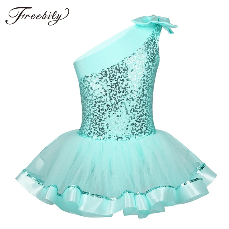 

Kids Girls One Shoulder Bowknot Ballet Tutu Dress Shiny Sequins Children Ballet Dance Gymnastics Leotard Stage Dance Costume
