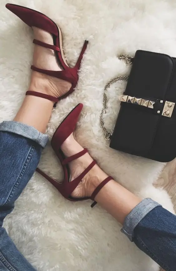 

Hongyi ladies sexy wine red suede leather pointy toe stiletto heels ankle triple strap thin heel party shoes free shipping