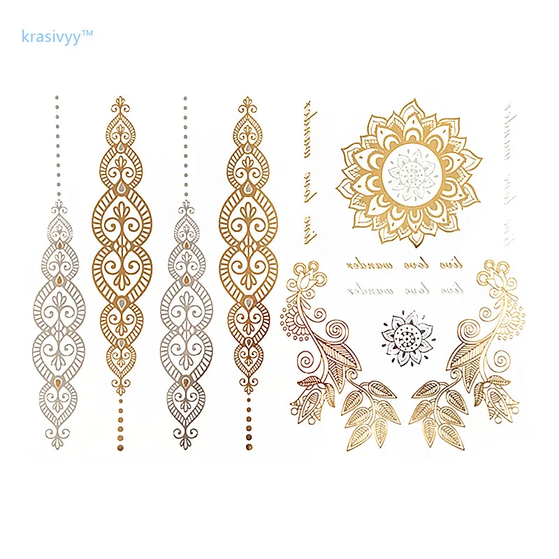 

Gold Metallic DIY Flash Tattoos Temporary Tattoos Golden Mandala flower Tattoo Wholesale for girl New fashion summer style
