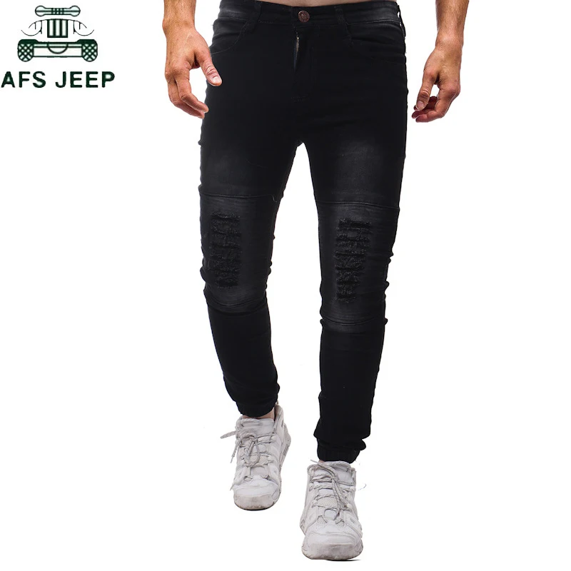 

New Skinny Denim Jeans Stretch Men 2019 Fashion Hole Pants Fold Pleated Solid Ripped Men Jeans Length Trousers Denim Pants