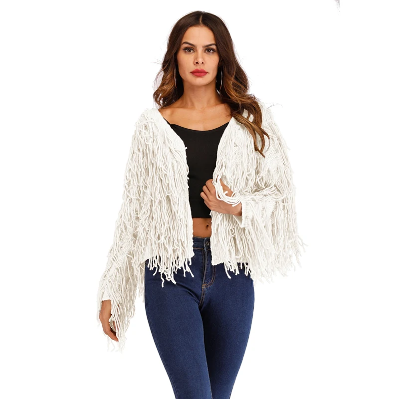 Autumn Winter Fringed Tassel V Neck Short Cardigan Thick Knit Warm