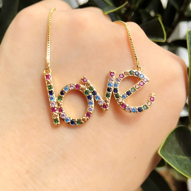 

Love Letter Big Pendant Necklaces For Women Paved Rainbow Colorful Cubic zirconia Fashion Lovely Charm Gold Color Chain Jewelry