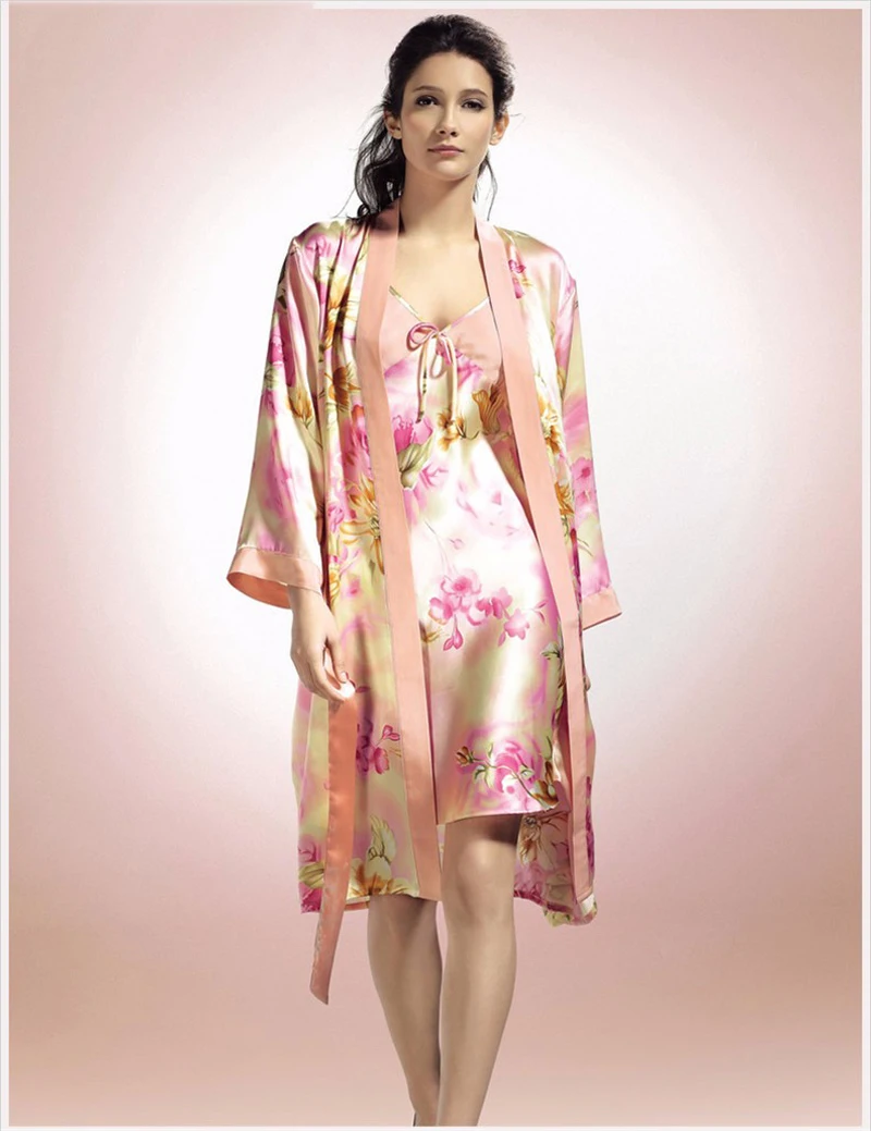 Новое поступление, Модный женский пижамный комплект из шелка, женская сексуальная ночная рубашка, шелк тутового цвета, цветочный принт, халат, ночная рубашка, наборы