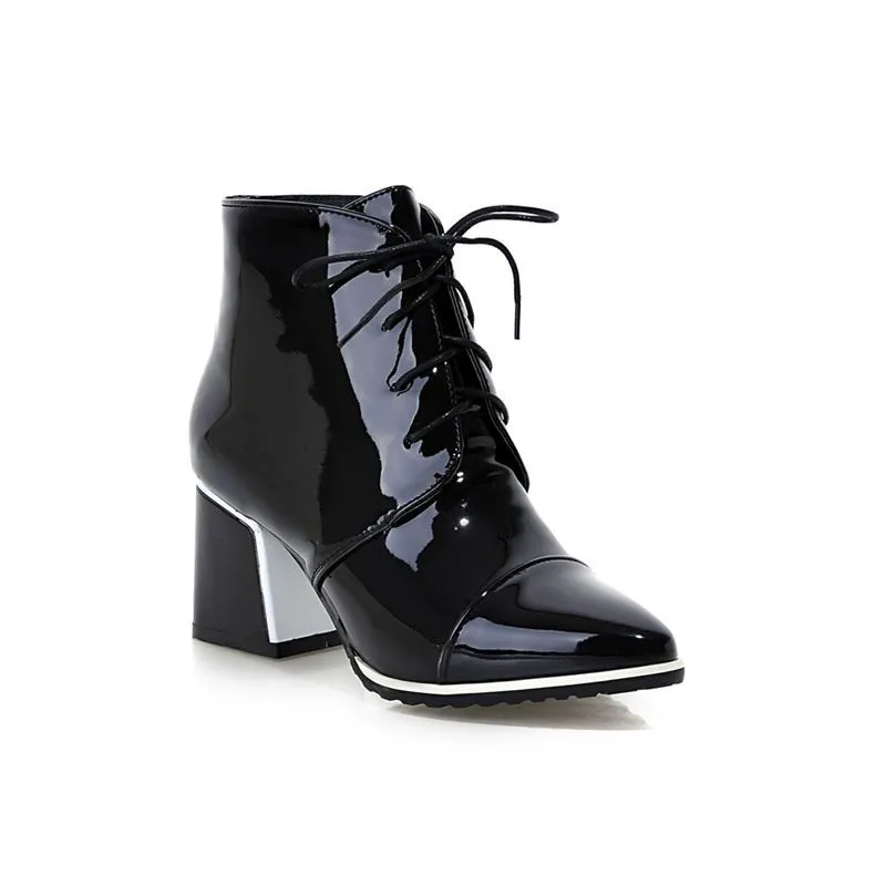 Asumer, большие размеры 33-43, Модные ботильоны на шнуровке обувь с острым носком на среднем каблуке осенние женские ботинки из высококачественной pu искусственной лакированной кожи