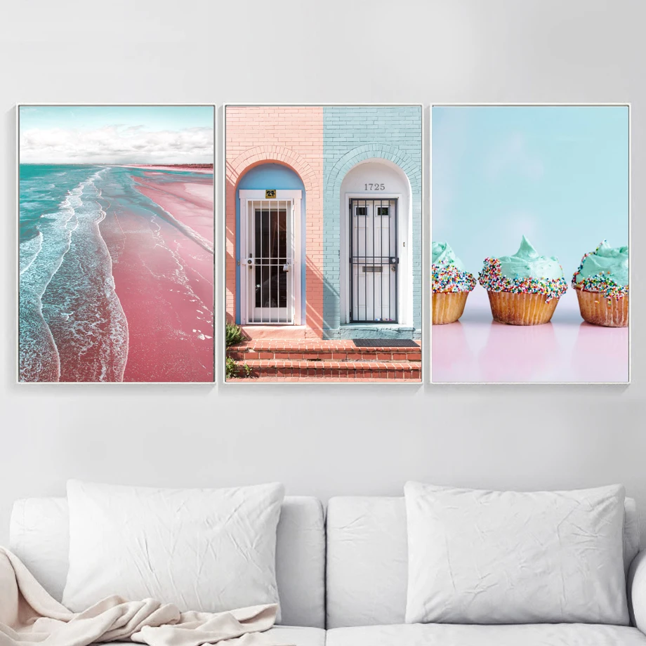 Pink-Beach-Sea-Door-Stone-Stair-Ice-Cream-Wall-Art-Canvas-Painting-Nordic-Posters-And-Prints (2)